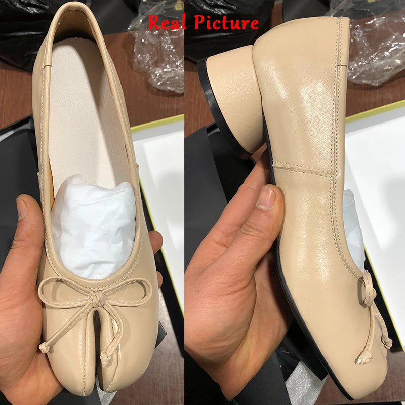 Soufree  -  Split Toe Shoes Size 43 Genuine Leather White Ballet Flats Women Low Heel Mary Janes Pumps Ballerinas Zapatos Mujer