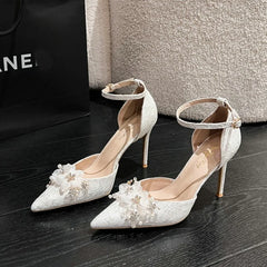 Soufree  - European Summer Sandals Thin Heel Pointed Toe High Heels Fashion White Flower Wedding Shoes Bridesmaid Pumps