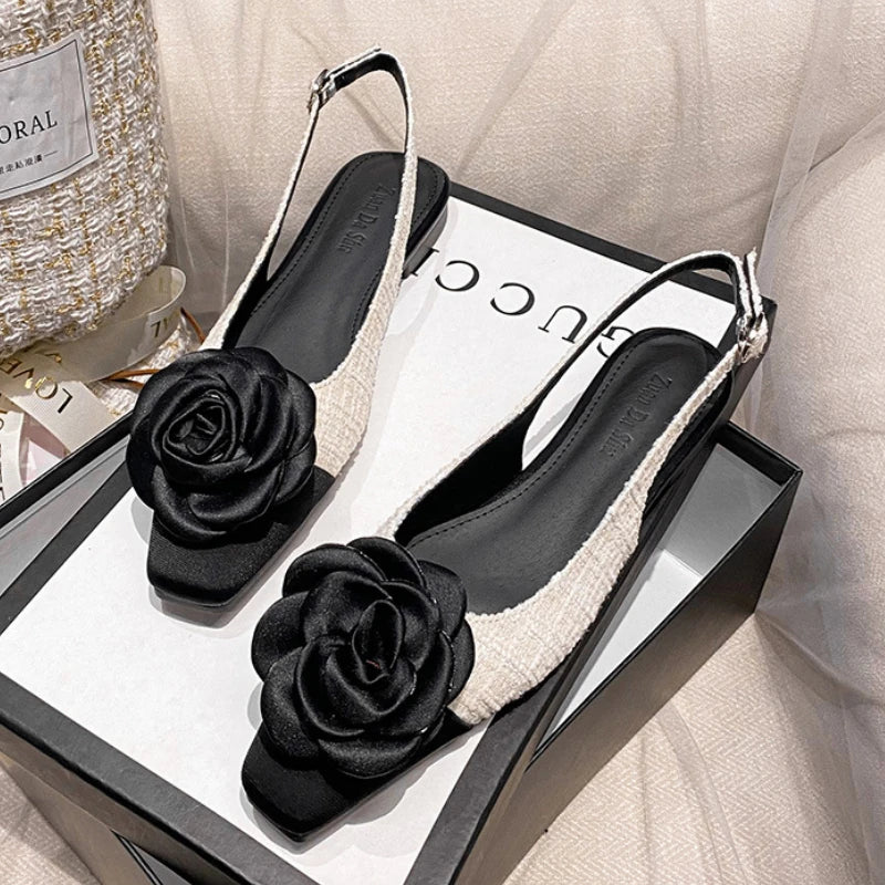 Soufree  -  Elegant Black Flower Flat Sandals Summer Fashion Square Toe Soft Sole Flats Comfortable Breathable Slingback Ladies Shoes