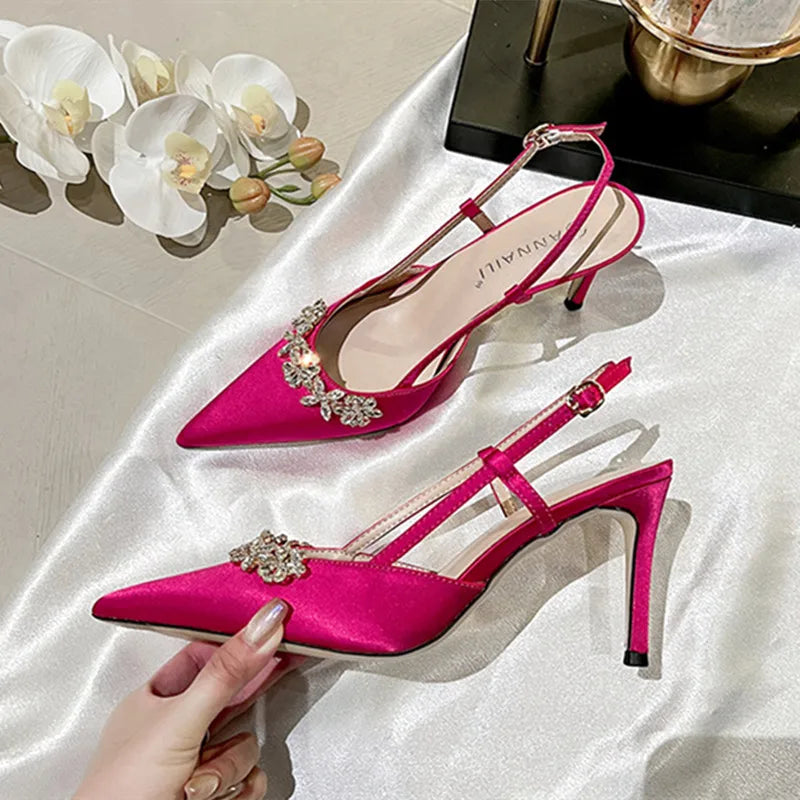 Soufree  -  Luxury Satin Rhinestone Flower Design High Heels Women Sexy Pointed Toe Heeled Sandals Back Strap Blue Pumps Party Wedding Shoes