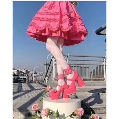 Soufree  -  Game Magic Madoka Cosplay Shoes Custom Lolita Costume Props Bow-knot Sandals PU Leather High Heel Princess Shoes for Women Girls