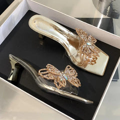 Soufree  -  Pvc Transparent Diamond Butterfly Sandals Women Square Toe Designer Slingback Shoes Open Toe Elegant Shiny Heeled Slippers Women