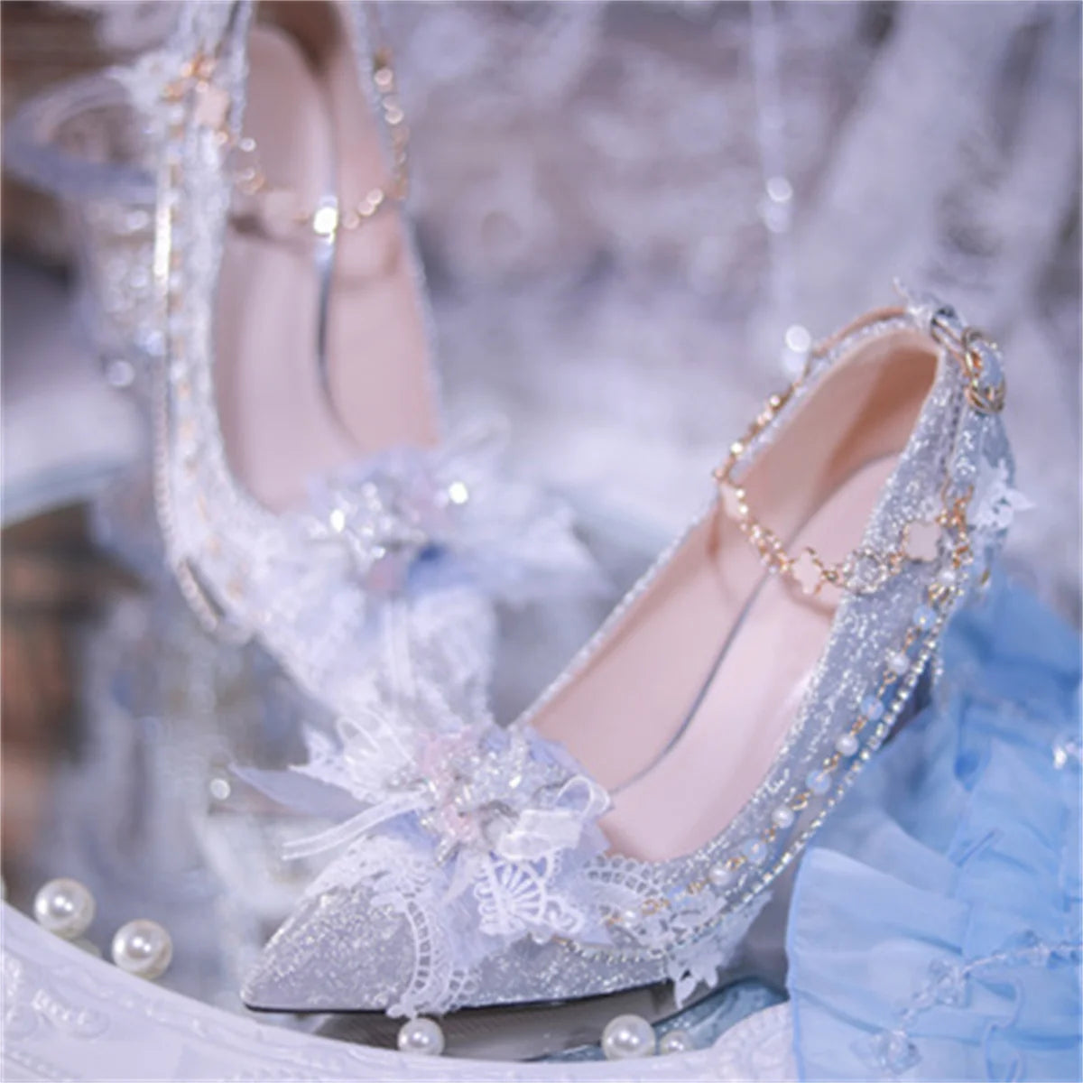 Soufree  -  Elegant Retro Lolita Court Style Cosplay Flower Wedding Girl Gorgeous Bow Pearl Gem Lace 6.5cm-8.5cm Pointed High Heel Shoes