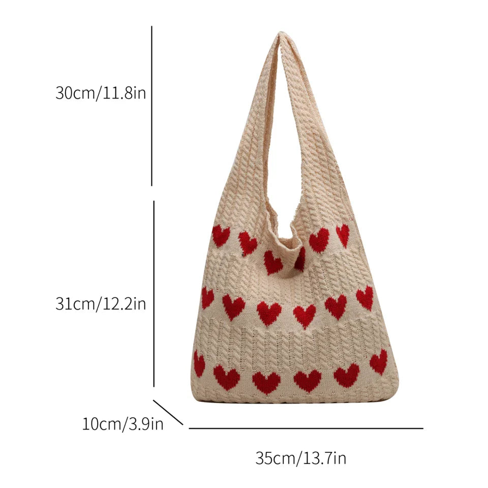 Soufree  -  Heart Knitted Women's Bag Knit Eco Bag Korean Foldable Shopper Y2K Crochet Rope Shoulder Bag Sweet Knitting Handbag Ins Tote Bag