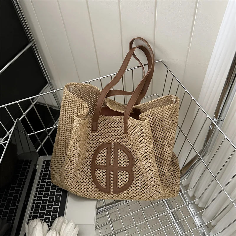 Soufree  -  Straw Hollow Out Knitting Tote Bag Large Capacity Handmade Shoulder Handbag Women Designer Casual Beach Bag Ethnic Style