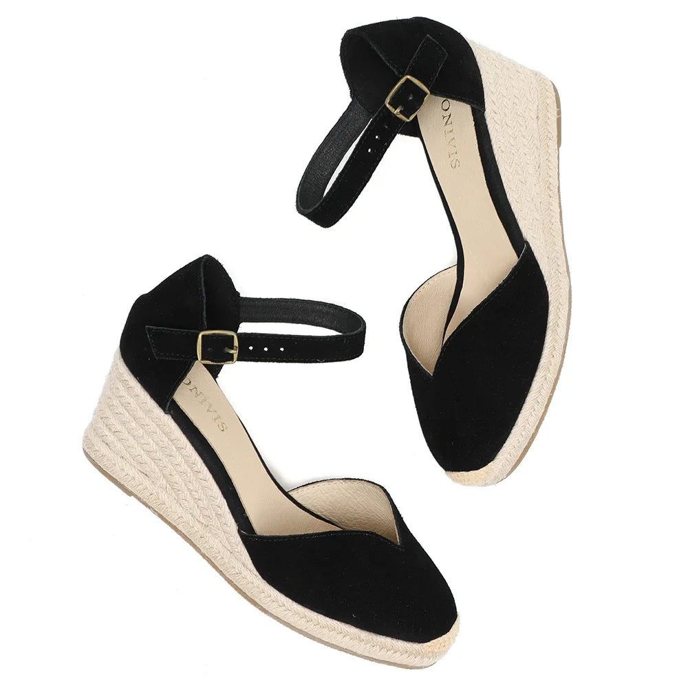 Soufree  -  5-9cm Sandalias Mujer Promotion Genuine Ankle-wrap Sandals Sapatos Mulher Wedge Heel Shoes For Closed Toe Wedges Ladies