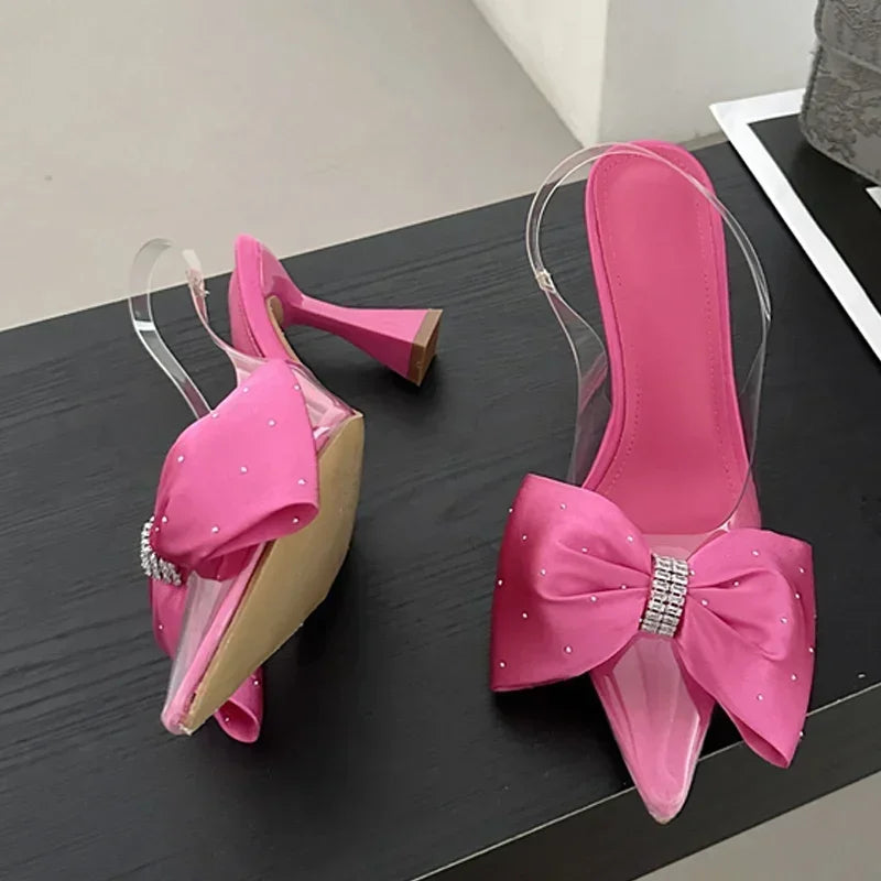 Soufree  -  Women Pumps Fashion Butterfly-knot Pointed Toe PVC Transparent High Heels Sandals Summer Wedding Banquet Female Mules Shoes