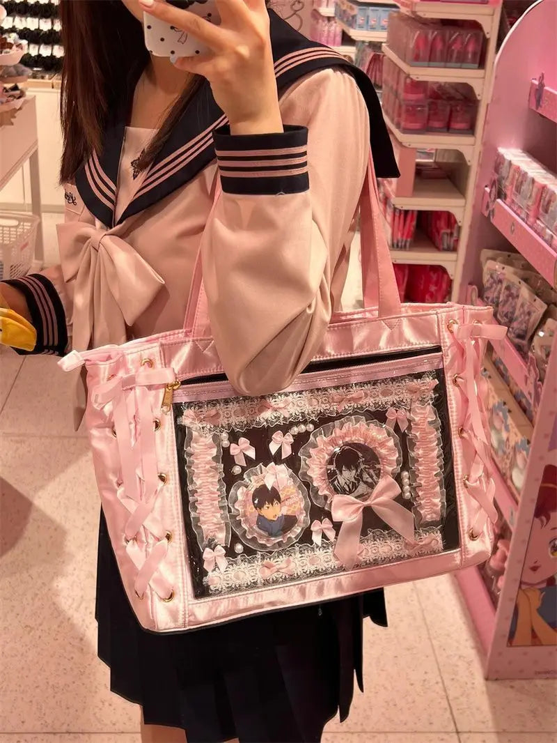 Soufree  -  Sweet Lolita Pink Ita Bag Women Japanese Transparent Large Capacity Tote Bag Ladies Harajuku Kawaii Handbag Aesthetic