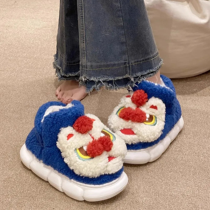 Soufree  -  New Chinese Style Indoor Fluffy Slippers For Women Men Winter Warm Shoes Cute Cartoon Anti-slip Couples Home Snow Boots