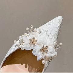 Soufree  - European Summer Sandals Thin Heel Pointed Toe High Heels Fashion White Flower Wedding Shoes Bridesmaid Pumps