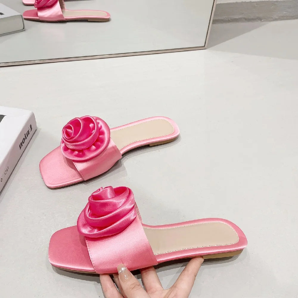 Soufree  -  Summer Shallow Casual Flower Fashion Square Headed Flat Heels for Women Slippers String Bead Bottom PU Leisure Slides