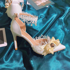 Soufree  -  French White Hollow Straight Lace Pearl Wristband High Heel Women's Shoes Flower Bow Birthday Heels for Women Luxury