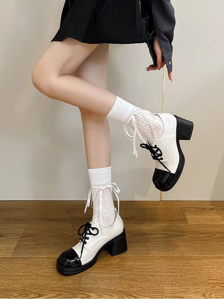 Soufree  -  High Heeled Loafer Shoes For Women Lolita's New Japanese Jk Single Shoe Patent Leather Glossy British Style Leather Shoes