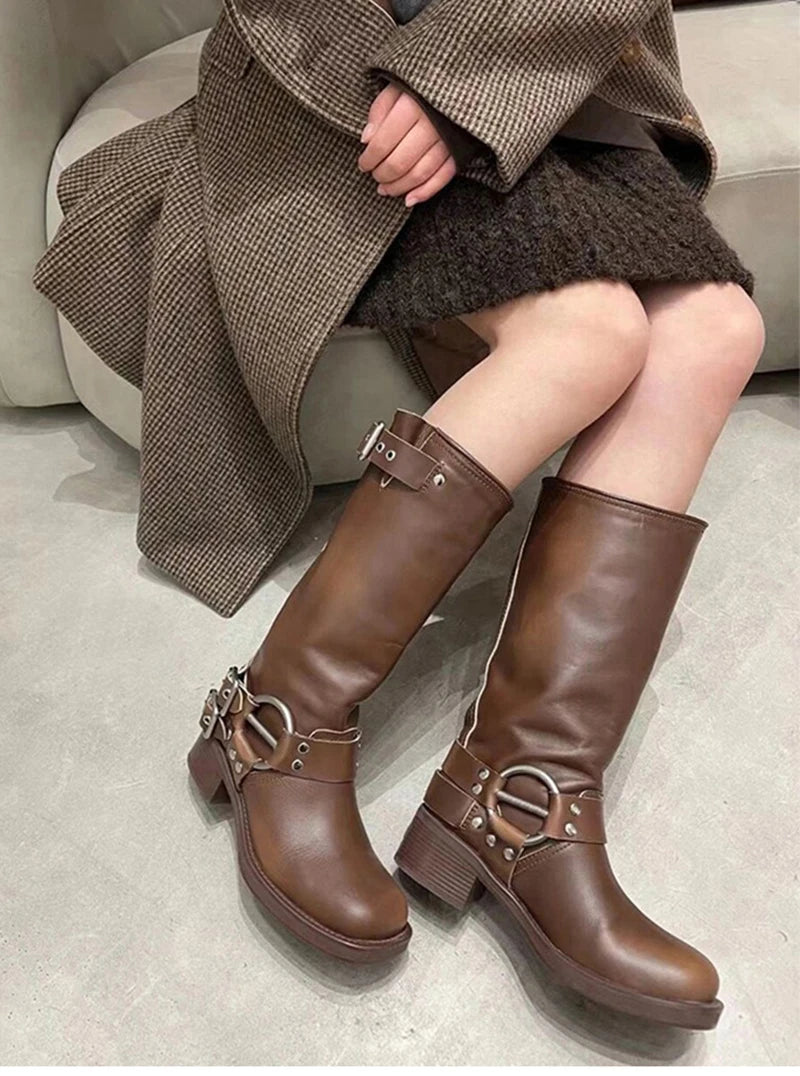 Soufree  -  Knee High Boots Women Fashion Slip On Ladies Low Heel Knight Boots New Autumn Winter Women's Biker Booties