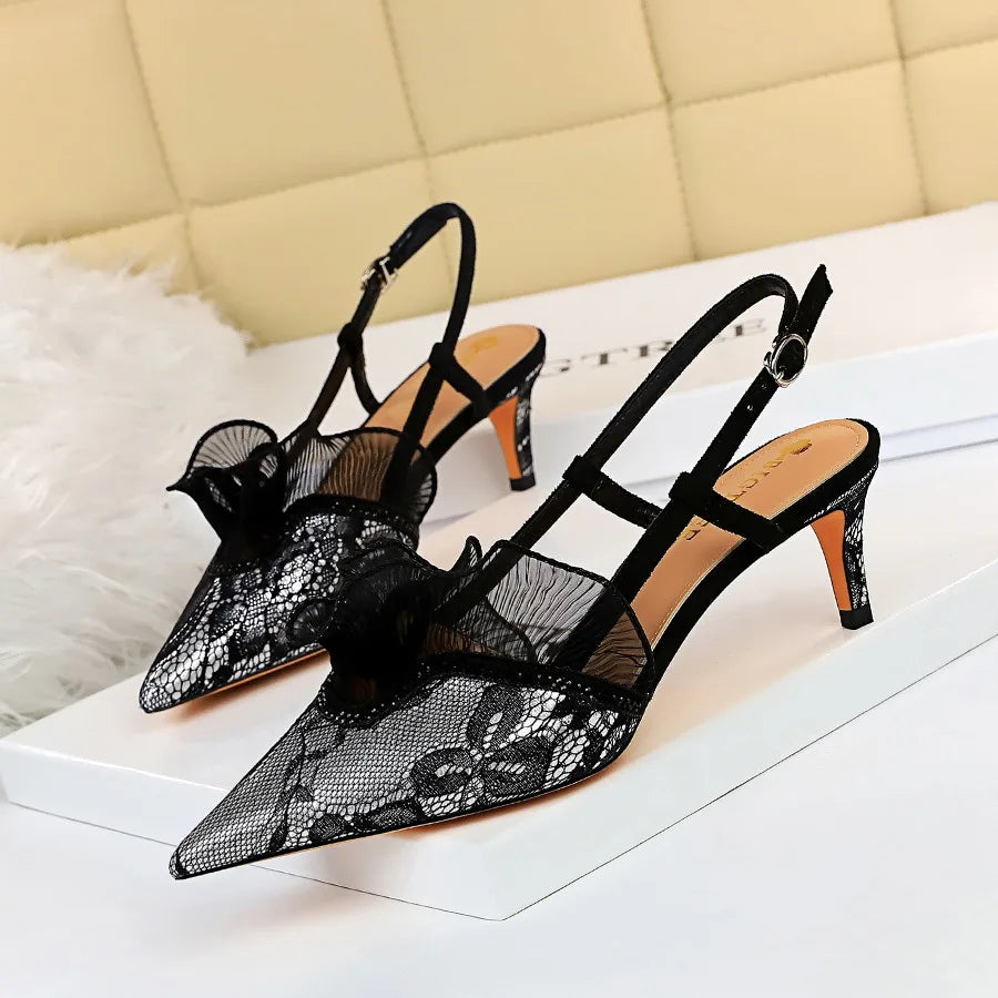 Soufree  -  Fashion Women Sandals Mesh Rhinestone Lace Hollow Kitten Pumps Stilettos Summer 313-5Thin High Heel Single Shoes Grace Slippers