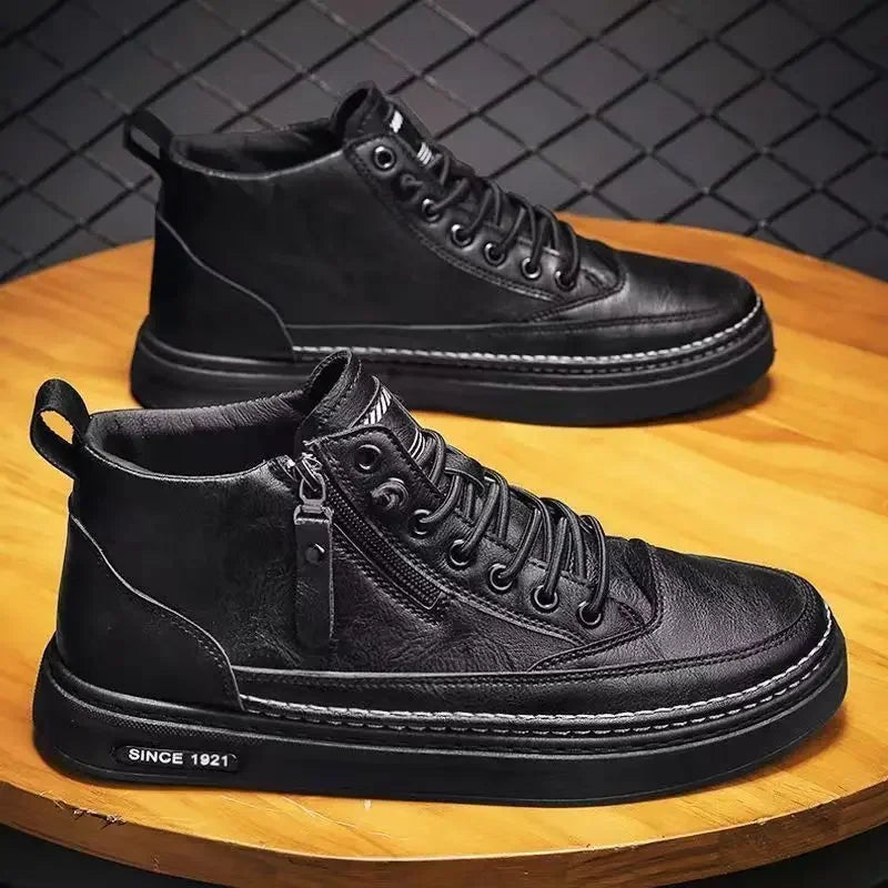 Soufree  -  Men's Casual Boots New High-top Men's Boots Work Business  Side Zipper Men's Sneakers Leather