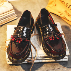 Soufree  - Tassel Loafers Shoes, Genuine Leather Low Cut Shoes, Polished Red English Style Fashionable Student Round Toe Casual Men's Shoes