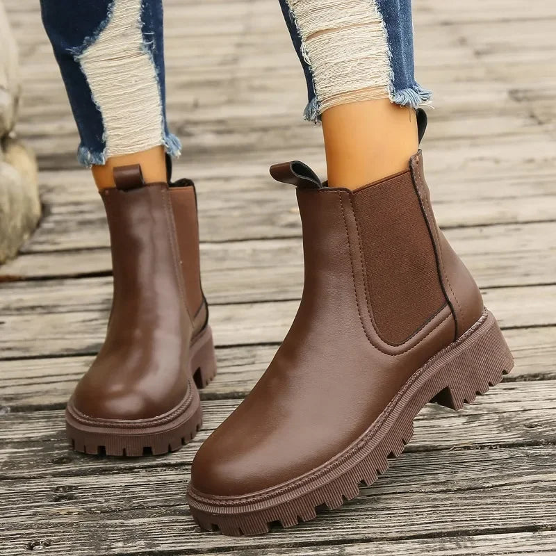 Soufree  - flat shoes trending shoes Chelsea Boots Women New Winter Fashion Round Toed Warm Ankle Boots Women PU Leather Platform Shoes for Women Zapatos