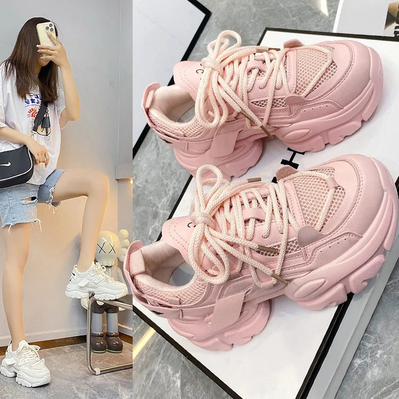 Soufree  -  Classic Chunky Sneakers Women Flats PU Lace up Mid Heels Round Toe Women Shoes Breathable Platform Vulcanize Shoes Plus Size