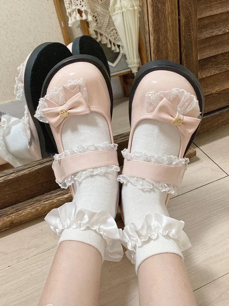 Soufree  -  Japanese Lolita Mary Janes Shoes Women Lace Kawaii Sweet Bow Pumps Shoes Female Cute Bear Round Toe Designer Shoes Summer