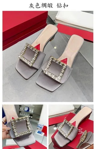 Soufree  -  Square buckle rhinestone fashionable women's shoes new square toe low thick heel open toe elegant sandals for external wear