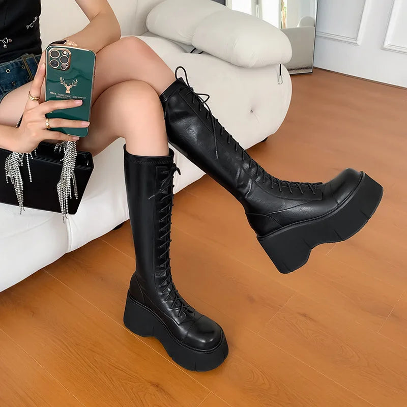 Soufree  -  Mid Calf Boots Women Chunky Wedge Boots Female Black Motorcycle Botas Fashions Lace-up Gothi Platform Boots Ladies Botas Mujer