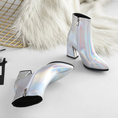 Soufree  -  Fashion Gold Silver Shoes Mirror Patent Leather Short Tube Women Ankle Boots Round Toe Zipper High Heeled Purple Ankle Booties