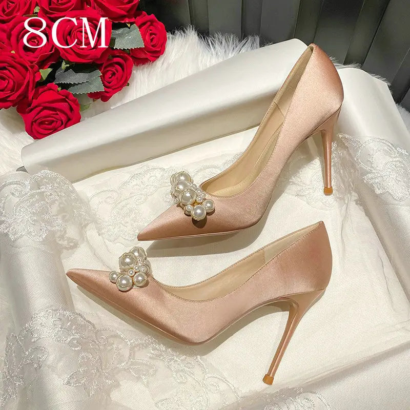 Soufree  - New Satin Wedding Bridesmaid Shoes Champagne High Heels Pearl French Girl Dress Pumps