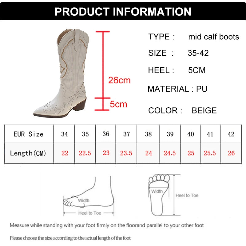 Soufree  -  White Cowboy Boots for Women Embroidery Pointed Toe Mid Calf Botas Female Slip On Thick Heels Cowgirl Boots Woman 42