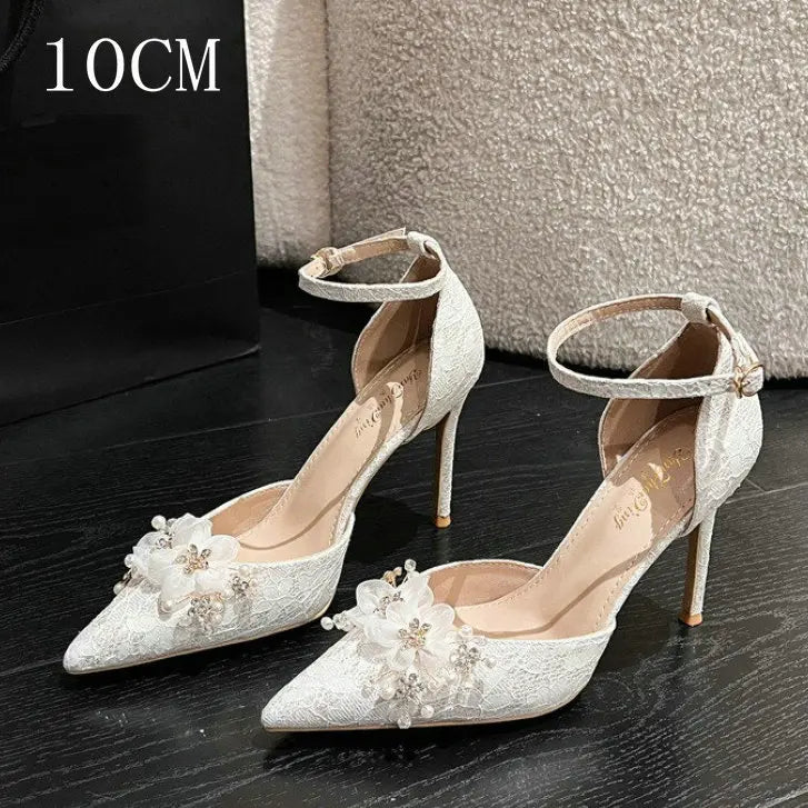 Soufree  - European Summer Sandals Thin Heel Pointed Toe High Heels Fashion White Flower Wedding Shoes Bridesmaid Pumps