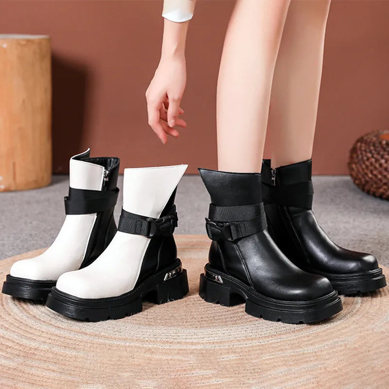 Soufree  -  New Designer Boots Women Chunky Heel Square Toed Ankle Boots Women Mid-calf High PU Leather Zipper Belt Buckle Platform Botas