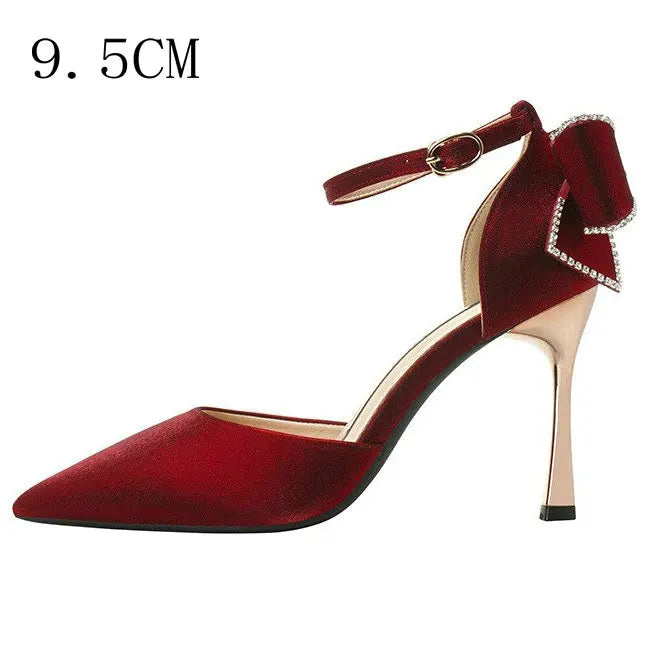 Soufree  - Star style Women Satin Pumps Fashion Rhinestones Stiletto High heels Party Shoes Summer Butterfly-knot Wedding Shoes