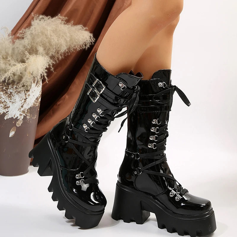 Soufree  -  New Punk Motorcycle Boots Women Patent Leather Wedges Platform Mid Calf Boots Woman Lace-Up Chunky Heel Gothic Botas Mujer