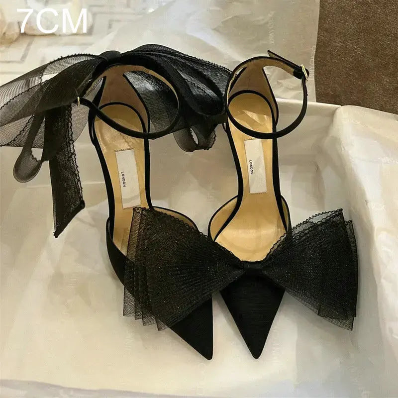 Soufree  -  Lace Bow High Heels New Sexy Line With Pointed Thin Head Pumps Girl Baotou European Sandals Women