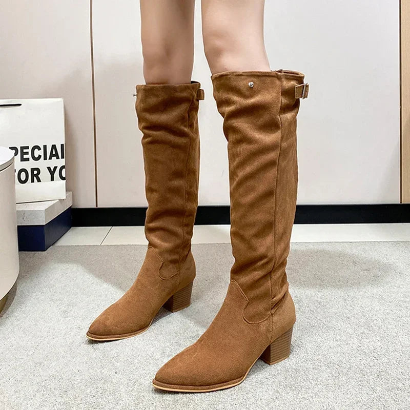 Soufree  -  Pointed Toe Chunky Women High Boots Suede Retro Knee High Mid Heels Shoes Trend Winter Goth Pumps Chelsea Botas De Mujer