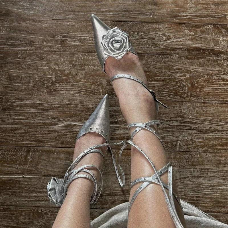 Soufree  -  Silver Riveted Pointed Cross Strap Rose High Heels For Women New Sexy Spice Temperament Pumps shoes