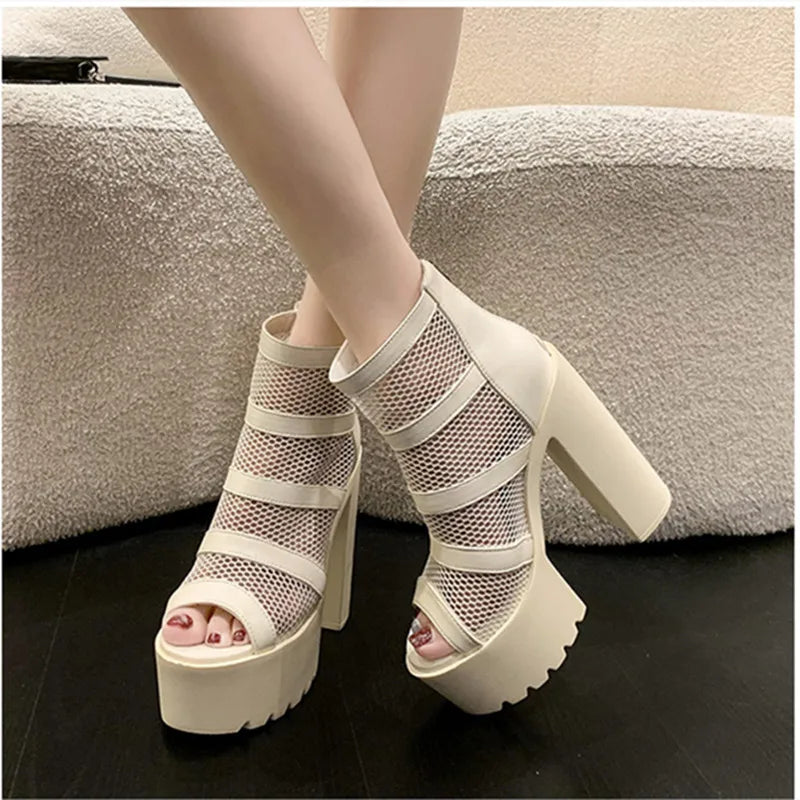 Soufree  -  High Heeled Sandals Women Summer Thick Heel Mesh Yarn Design Boots for Women Waterproof Platform Shoes Hollow Roman Sandals