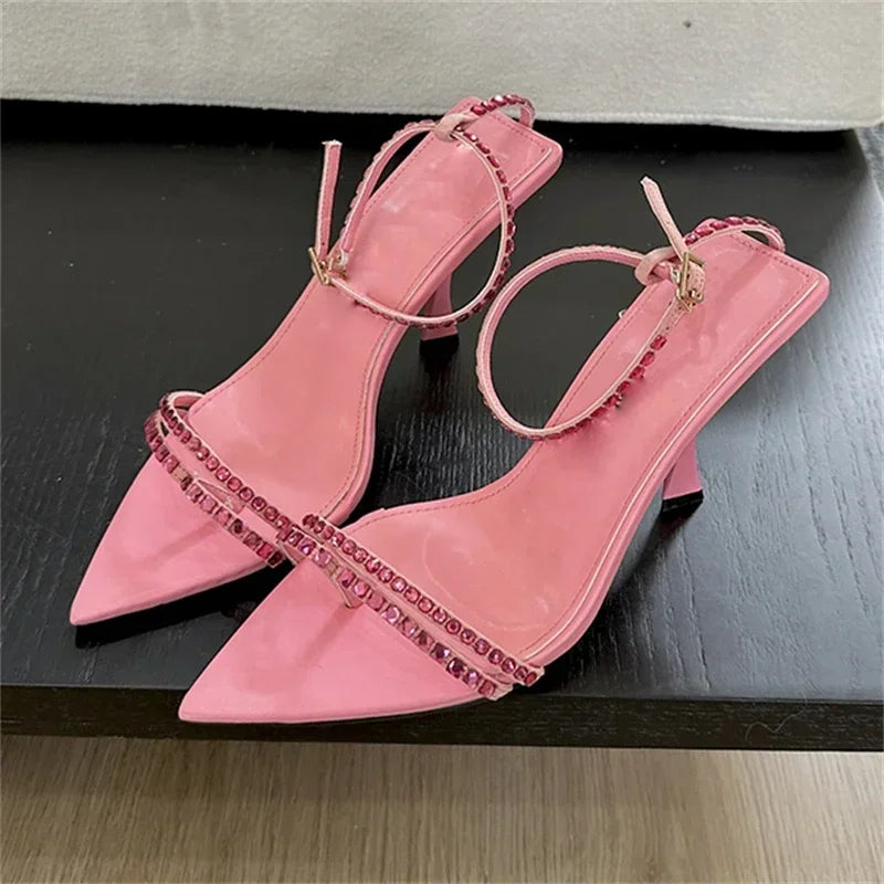 Soufree  -  prom shoes Sexy Crystal Designer Women Sandals Narrow Band Buckle Strap High Heels Party Shoes Pointed Toe Slingbacks Shoe Zapatos De Mujer