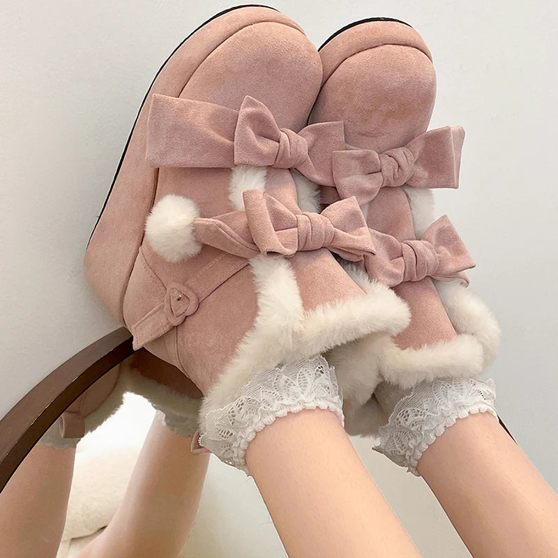 Soufree  -  Winter Lolita Style Warm Plush Women Snow Boots Fashion Platform Thick Heel Short Booties Casual Comfort Cotton Shoes