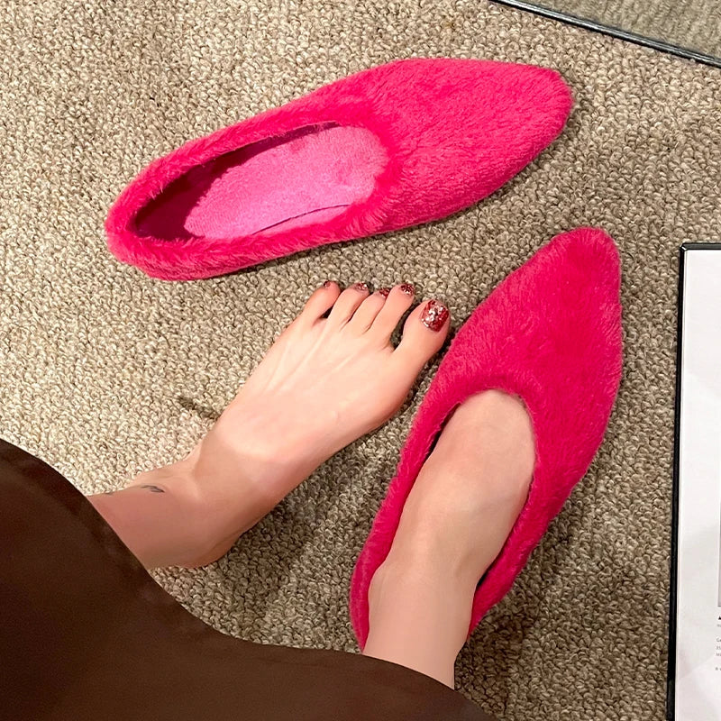 Soufree  -  trending shoes Women Fur Slippers Warm Mules Shoes Casual Mid Heels Boots New Pointed Toe Plush Slingback Flip Flops Cotton Boots