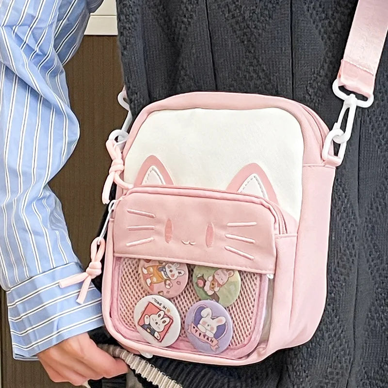 Soufree  -  Harajuku Mini Women Ita Bags Women Casual Nylon Cartoon Cat Embroidered Bolso Mujer Daily Subculture DIY Badge Bag Female