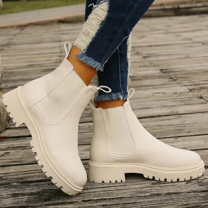 Soufree  - flat shoes trending shoes Chelsea Boots Women New Winter Fashion Round Toed Warm Ankle Boots Women PU Leather Platform Shoes for Women Zapatos