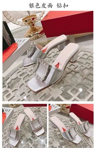 Soufree  -  Square buckle rhinestone fashionable women's shoes new square toe low thick heel open toe elegant sandals for external wear