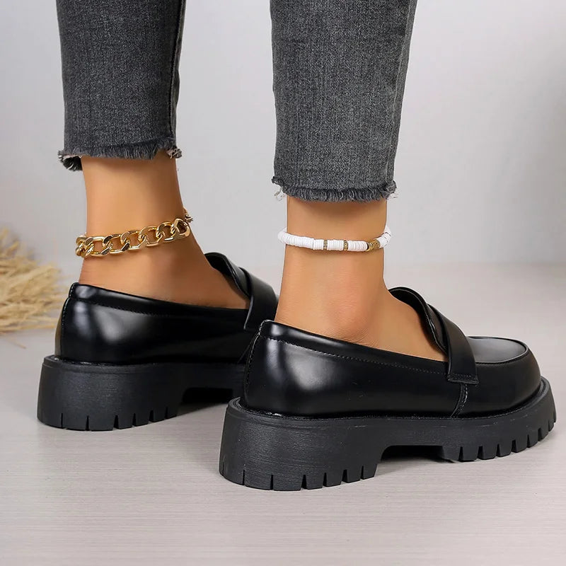 Soufree  -  British Style Platform Loafers Women Plus Size Round Toe Single Shoes Woman Thick Bottom Pu Leather Shoes Mujer