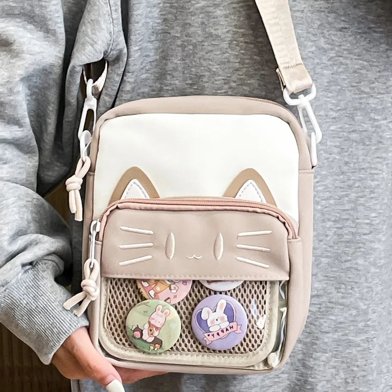 Soufree  -  Harajuku Mini Women Ita Bags Women Casual Nylon Cartoon Cat Embroidered Bolso Mujer Daily Subculture DIY Badge Bag Female