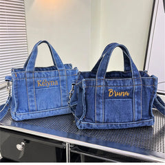 Soufree  -  Name Embroidered Korean Summer Canvas Bag Denim One Shoulder Crossbody Bag Casual Versatile Handheld Women's Cloth Bag