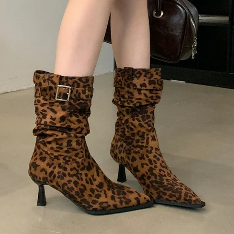 Soufree  -  Fashion Leopard Thin Heels Ankle Boots for Women Autumn Winter New Suede Pointed Toe Short Boots Belt Buckle Design Chelsea Boot