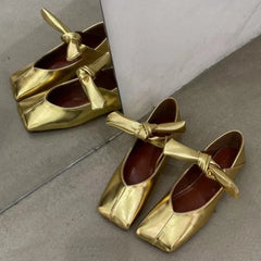 Soufree  -  summer shoes Flats Mary Jane Women Shoes Square Head Designer Shoes Gold Casual Shallow Loafers Comfort Walking Bow Fashion Ballet Shoes