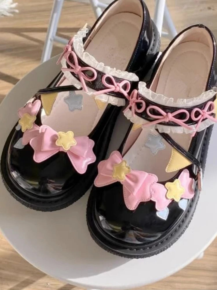 Soufree  -  Summer Japanese Kawaii Sandals Women Lolita Style Bow Design Sweet Shoes Lady Lace Round Toe Buckle Star Casual Flat Shoes