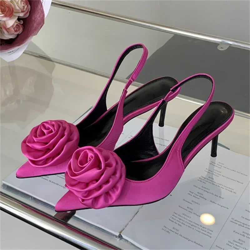 Soufree  -  Sweet Silk Slingback Pointed Toe Women Pumps Summer Fashion Flowers Design Sandals for Women Luxury Thin High Heels Party Shoes